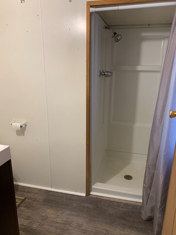 bathroom featuring hardwood / wood-style flooring, vanity, and a shower with shower curtain