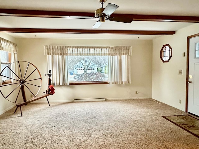 foyer with beamed ceiling, a baseboard radiator, carpet floors, and ceiling fan