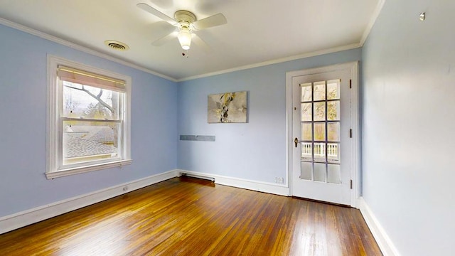 188 Upper Delevan Ave, Corning-City, NY 14830 - spare room featuring wood-type flooring, baseboards, ceiling fan, and ornamental molding