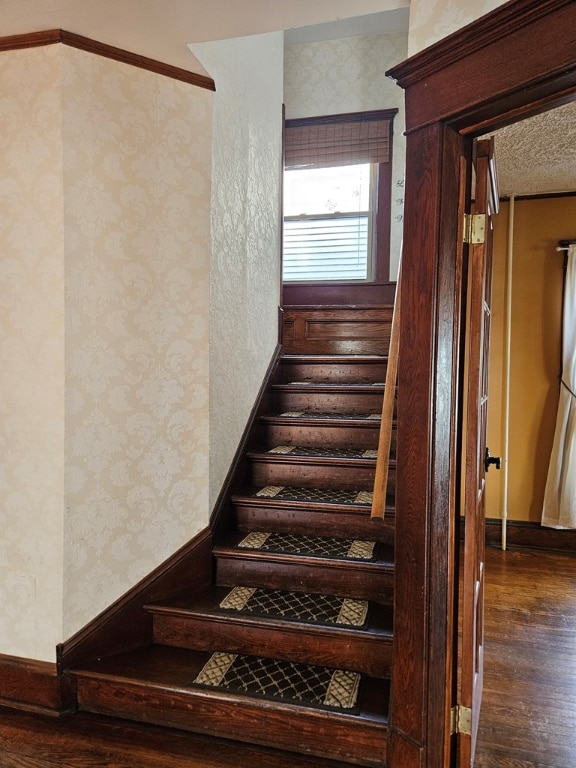 staircase with wood-type flooring and a textured ceiling