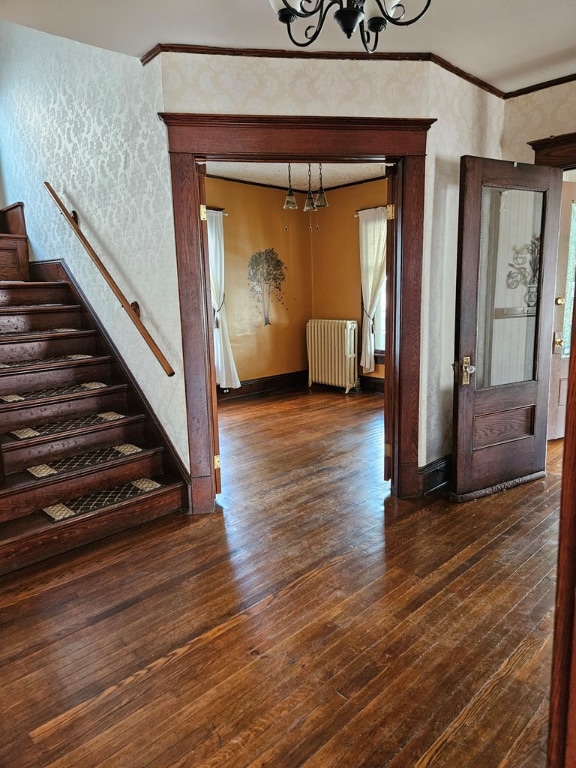 foyer entrance featuring an inviting chandelier, ornamental molding, radiator heating unit, and dark hardwood / wood-style flooring