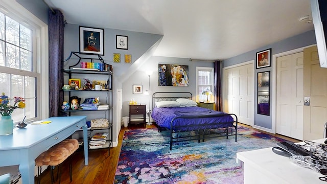 bedroom with multiple windows and dark hardwood / wood-style floors