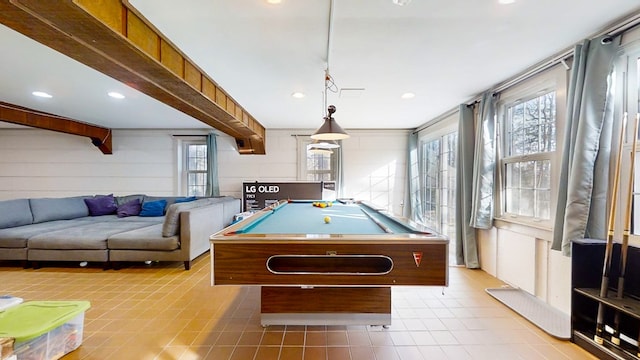 playroom featuring pool table and beam ceiling