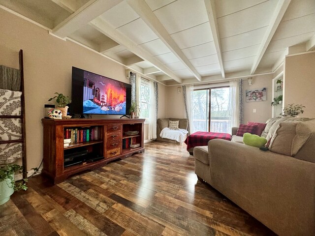 living room with beamed ceiling and dark hardwood / wood-style flooring