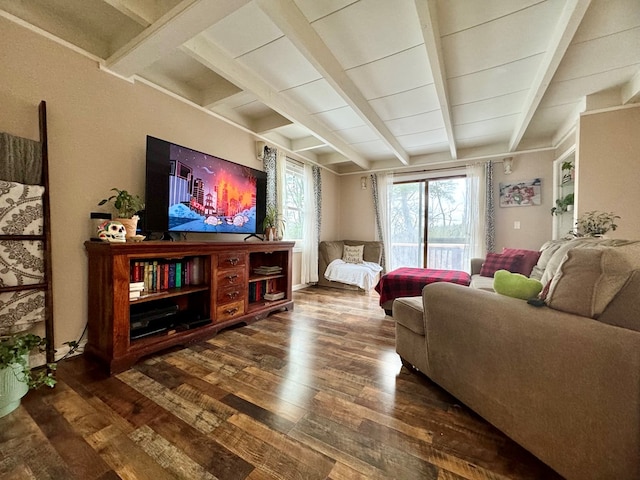 living room with beamed ceiling and dark hardwood / wood-style floors