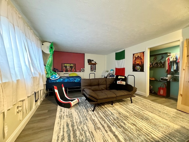 living room with wood-type flooring and a textured ceiling