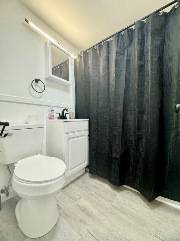 bathroom with vanity, wood-type flooring, and toilet