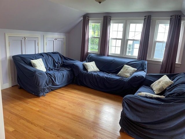 living room featuring vaulted ceiling and light wood-type flooring