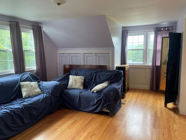 bedroom featuring vaulted ceiling, light hardwood / wood-style floors, and multiple windows