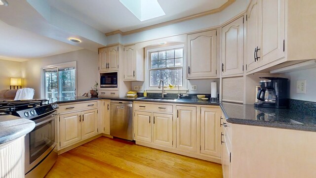 kitchen featuring a healthy amount of sunlight, appliances with stainless steel finishes, sink, and a skylight