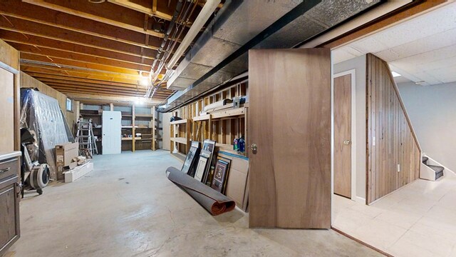 basement featuring wood walls