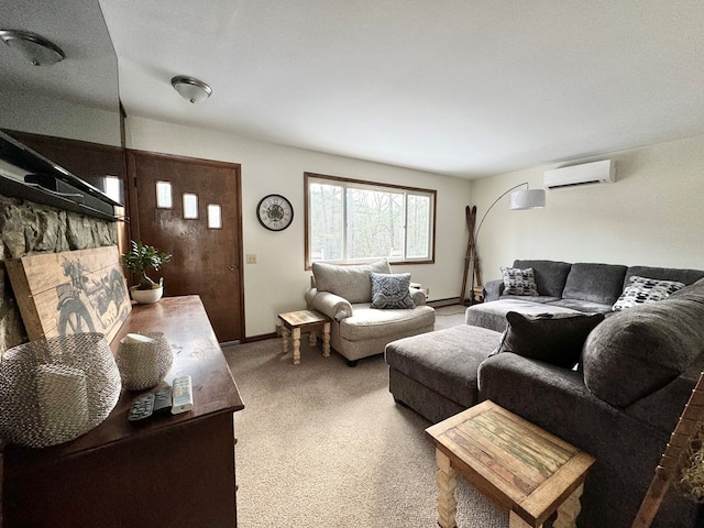 carpeted living room with a wall mounted air conditioner and a stone fireplace