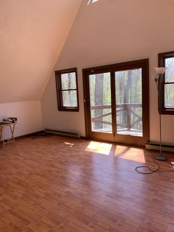 additional living space featuring vaulted ceiling, light hardwood / wood-style floors, and a baseboard heating unit