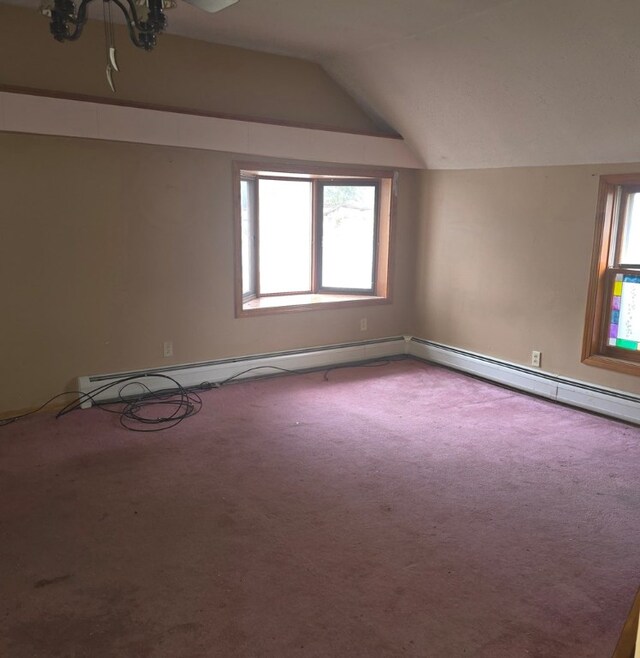 additional living space with vaulted ceiling, carpet flooring, and a wealth of natural light