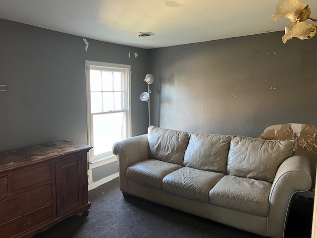 living room with dark colored carpet