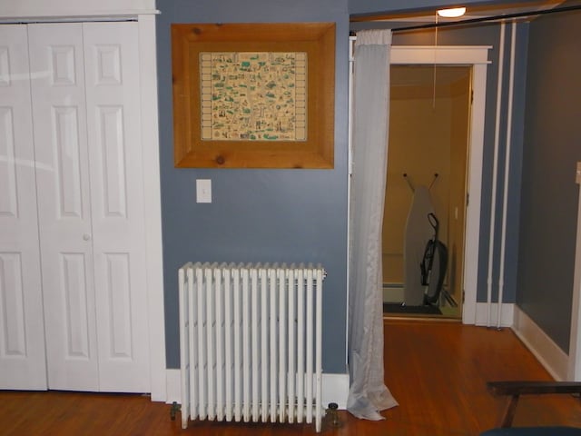 interior details featuring hardwood / wood-style flooring, radiator, and baseboard heating