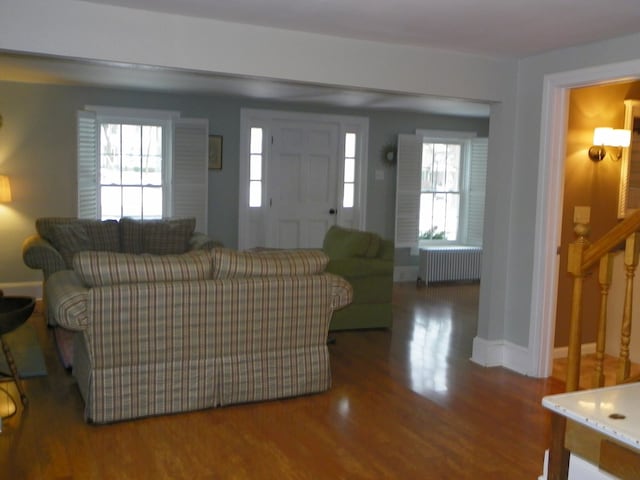 living room featuring wood-type flooring, radiator heating unit, and a healthy amount of sunlight