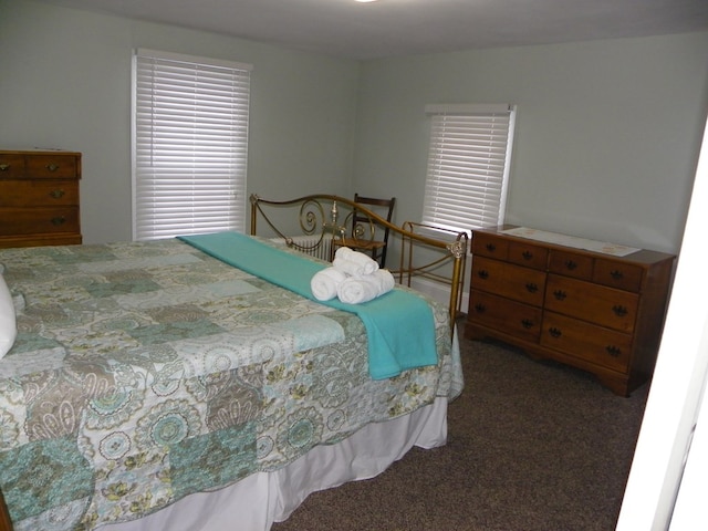 bedroom featuring dark colored carpet