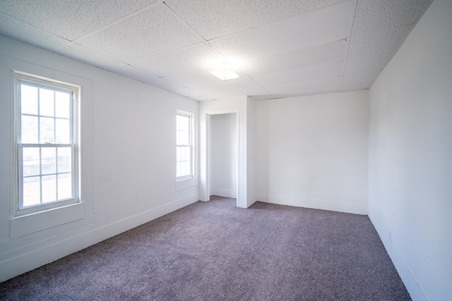 empty room featuring a paneled ceiling and carpet