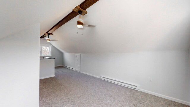 bonus room featuring lofted ceiling with beams, ceiling fan, carpet, and baseboard heating