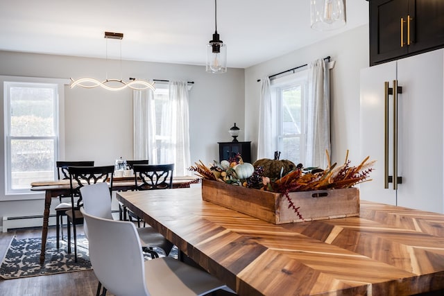 dining room with a notable chandelier, a baseboard radiator, dark hardwood / wood-style floors, and a healthy amount of sunlight