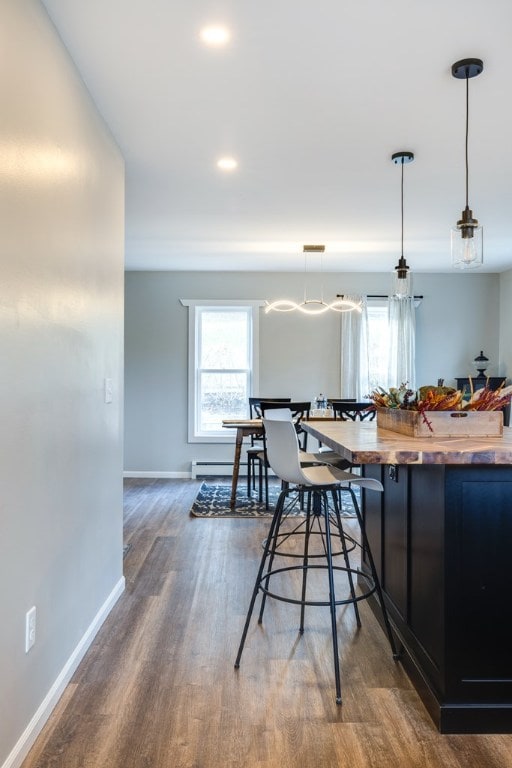 kitchen featuring pendant lighting, a healthy amount of sunlight, wood-type flooring, and butcher block countertops