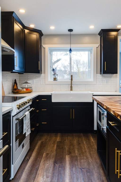 kitchen with pendant lighting, sink, dark hardwood / wood-style flooring, decorative backsplash, and white range with electric cooktop