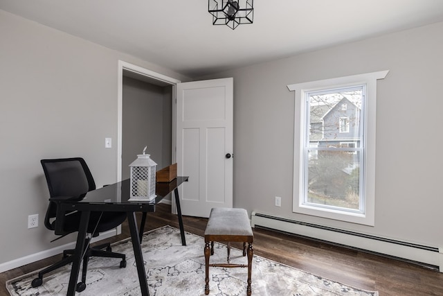 office area with hardwood / wood-style floors and baseboard heating