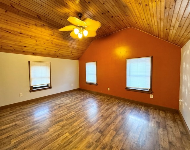 bonus room featuring wood ceiling, ceiling fan, wood-type flooring, and vaulted ceiling