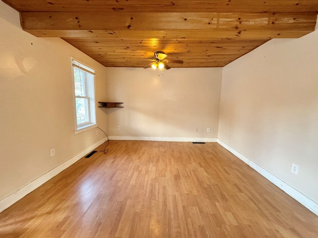 empty room featuring ceiling fan, wood ceiling, and light wood-type flooring