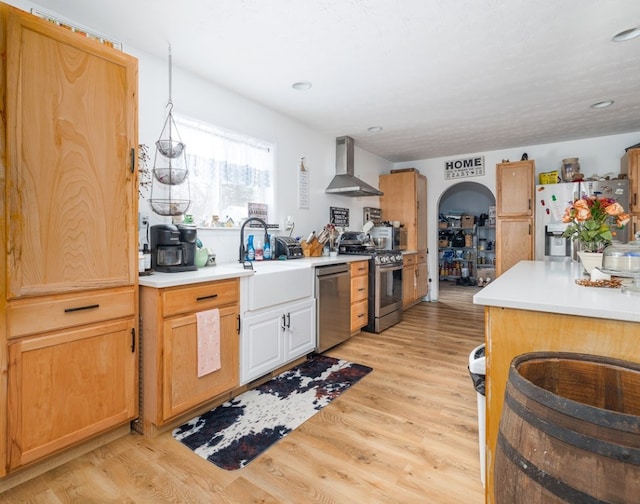 kitchen featuring appliances with stainless steel finishes, sink, light hardwood / wood-style flooring, and wall chimney range hood