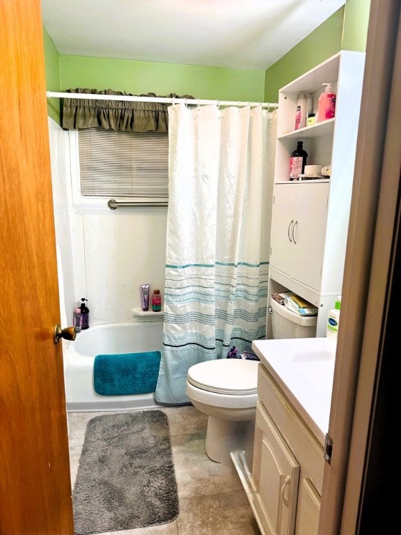 full bathroom with vanity, shower / bath combination with curtain, and toilet