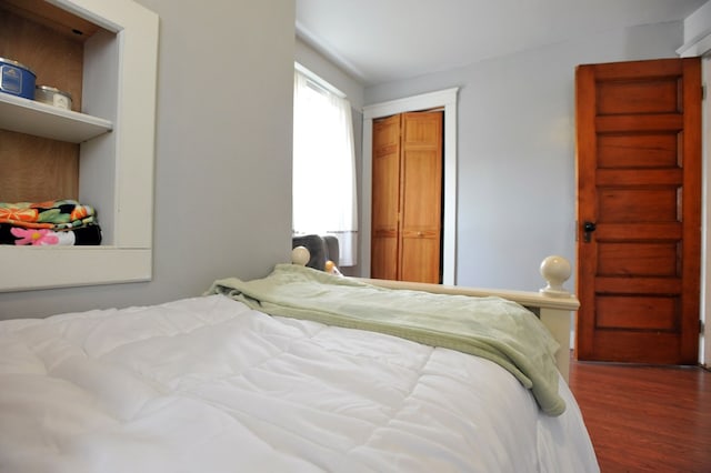 bedroom with a closet and dark hardwood / wood-style floors