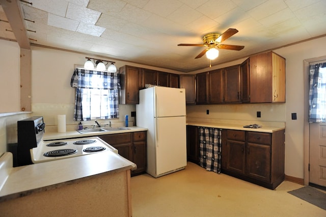 kitchen with electric stove, dark brown cabinets, sink, and white fridge