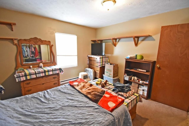 carpeted bedroom with baseboard heating