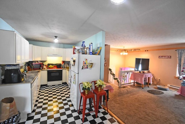 kitchen featuring electric stove, a baseboard heating unit, a notable chandelier, white cabinets, and white fridge