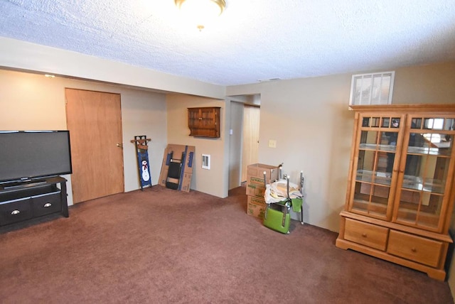 misc room with a textured ceiling and dark carpet