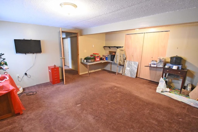 basement with dark carpet and a textured ceiling