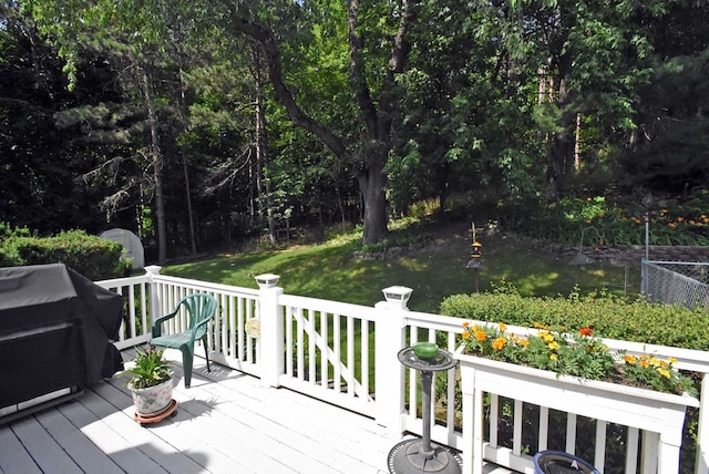 wooden terrace with grilling area and a lawn