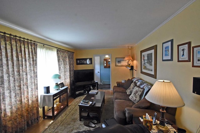 living room with ornamental molding, wood-type flooring, and baseboard heating