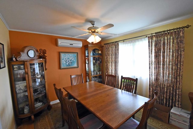 dining space featuring crown molding, dark wood-type flooring, a wall mounted AC, and ceiling fan