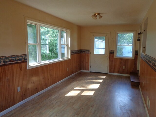 doorway to outside with dark hardwood / wood-style flooring and wooden walls