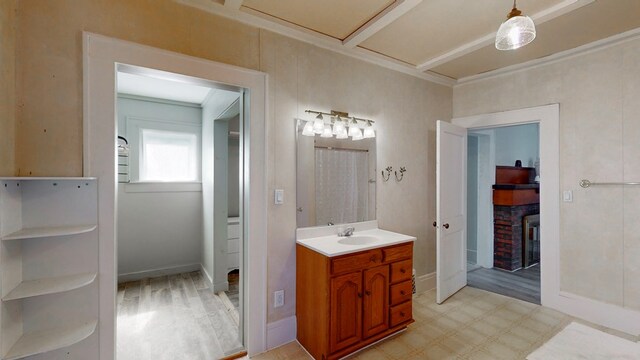 bathroom featuring vanity and hardwood / wood-style flooring