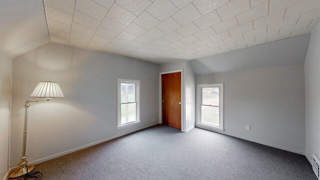 unfurnished room featuring vaulted ceiling and carpet floors