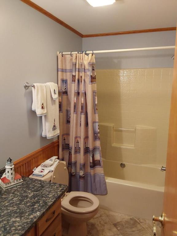 full bathroom with wooden walls, shower / bath combination with curtain, vanity, toilet, and crown molding