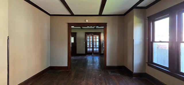 hallway with crown molding, dark hardwood / wood-style floors, and a wealth of natural light