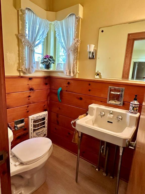 bathroom featuring heating unit, hardwood / wood-style flooring, wooden walls, and toilet