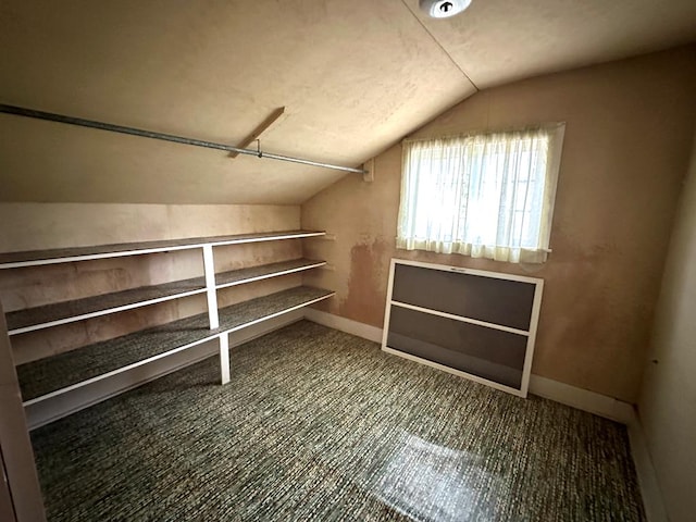 interior space featuring vaulted ceiling and carpet flooring