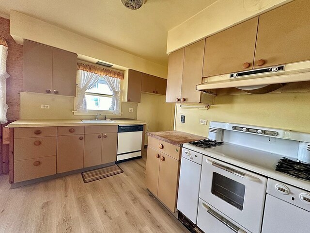 kitchen featuring white appliances, sink, and light hardwood / wood-style flooring