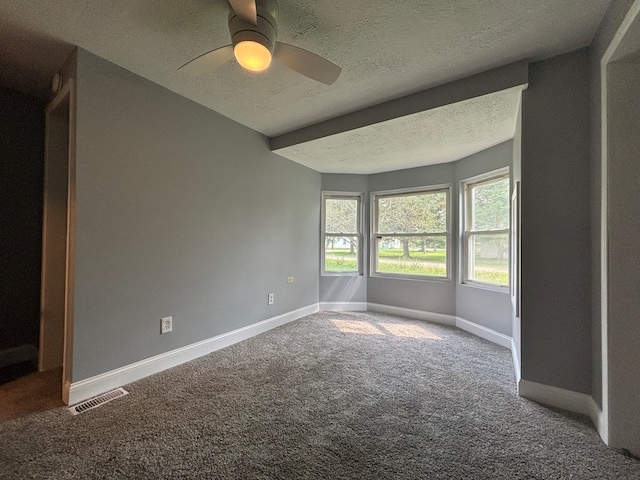 spare room featuring ceiling fan, carpet flooring, and a textured ceiling